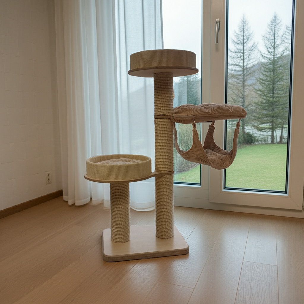 Tiragraffi in legno con amaca e cuscini beige – Robusto ed elegante