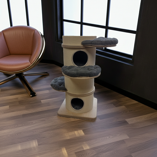 Tiragraffi a colonna in legno con cuscini grigi – Design compatto e raffinato