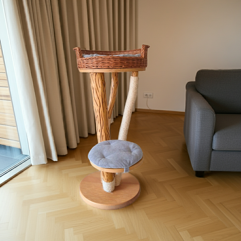 Tiragraffi in faggio con cesta in rattan e cuscini grigi – Design elegante e naturale