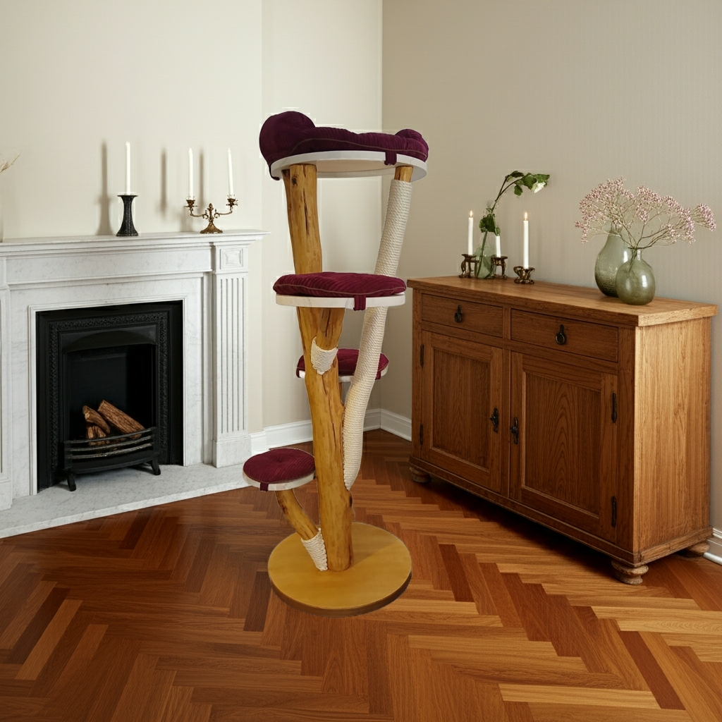 Tiragraffi in tronco di faggio con cuscini bordeaux – Eleganza naturale e resistenza