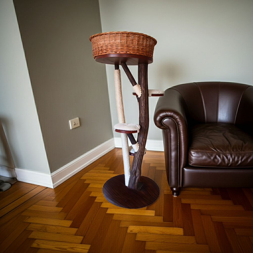 Tiragraffi in tronco di faggio con cesta in rattan e cuscini panna