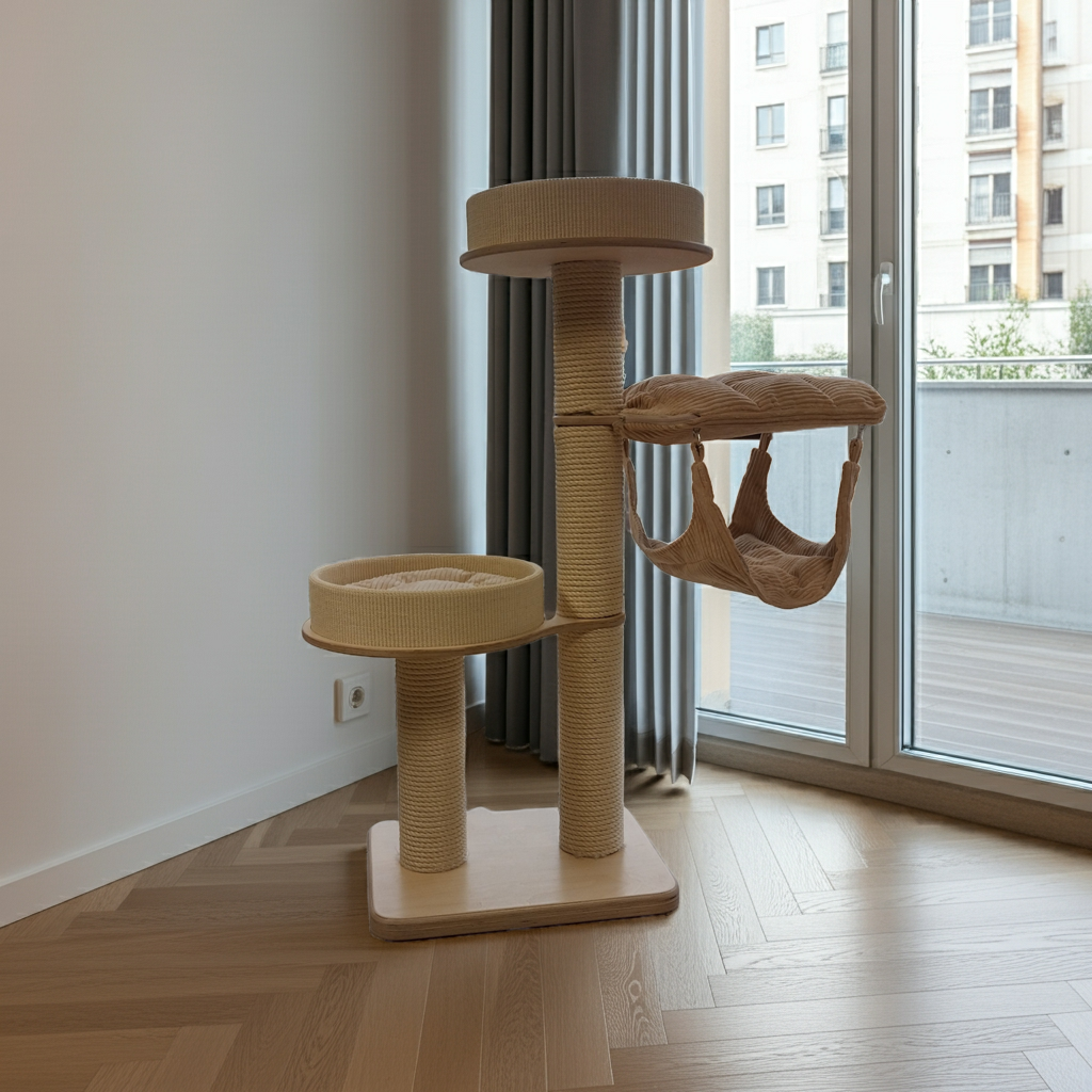 Tiragraffi in legno con amaca e cuscini beige – Robusto ed elegante