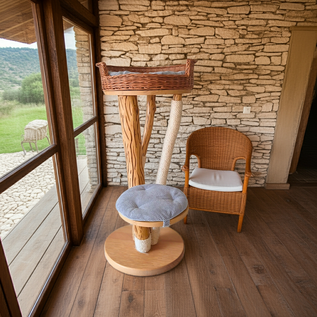 Tiragraffi in faggio con cesta in rattan e cuscini grigi – Design elegante e naturale