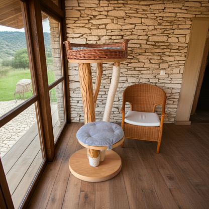 Tiragraffi in faggio con cesta in rattan e cuscini grigi – Design elegante e naturale