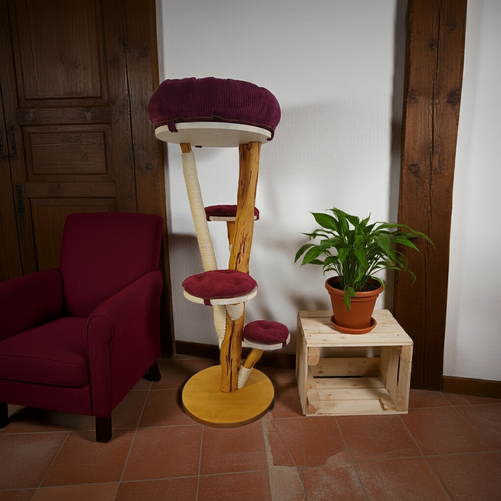 Tiragraffi in tronco di faggio con cuscini bordeaux – Eleganza naturale e resistenza