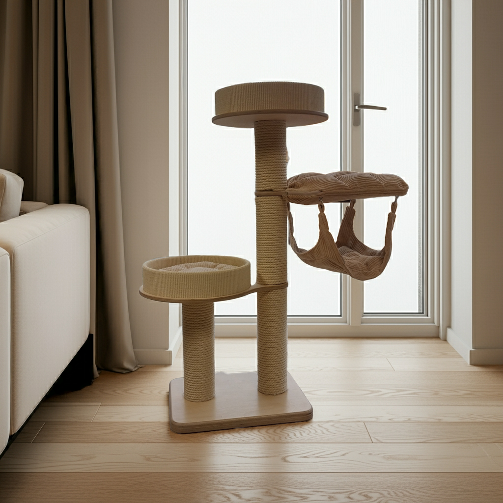 Tiragraffi in legno con amaca e cuscini beige – Robusto ed elegante