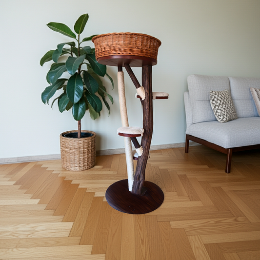 Tiragraffi in tronco di faggio con cesta in rattan e cuscini panna