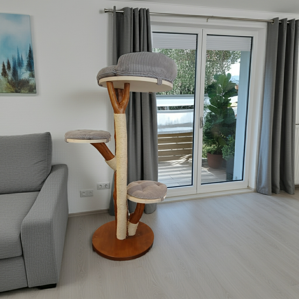 Tiragraffi in tronco di faggio con cuscini grigi – Design naturale e massima stabilità