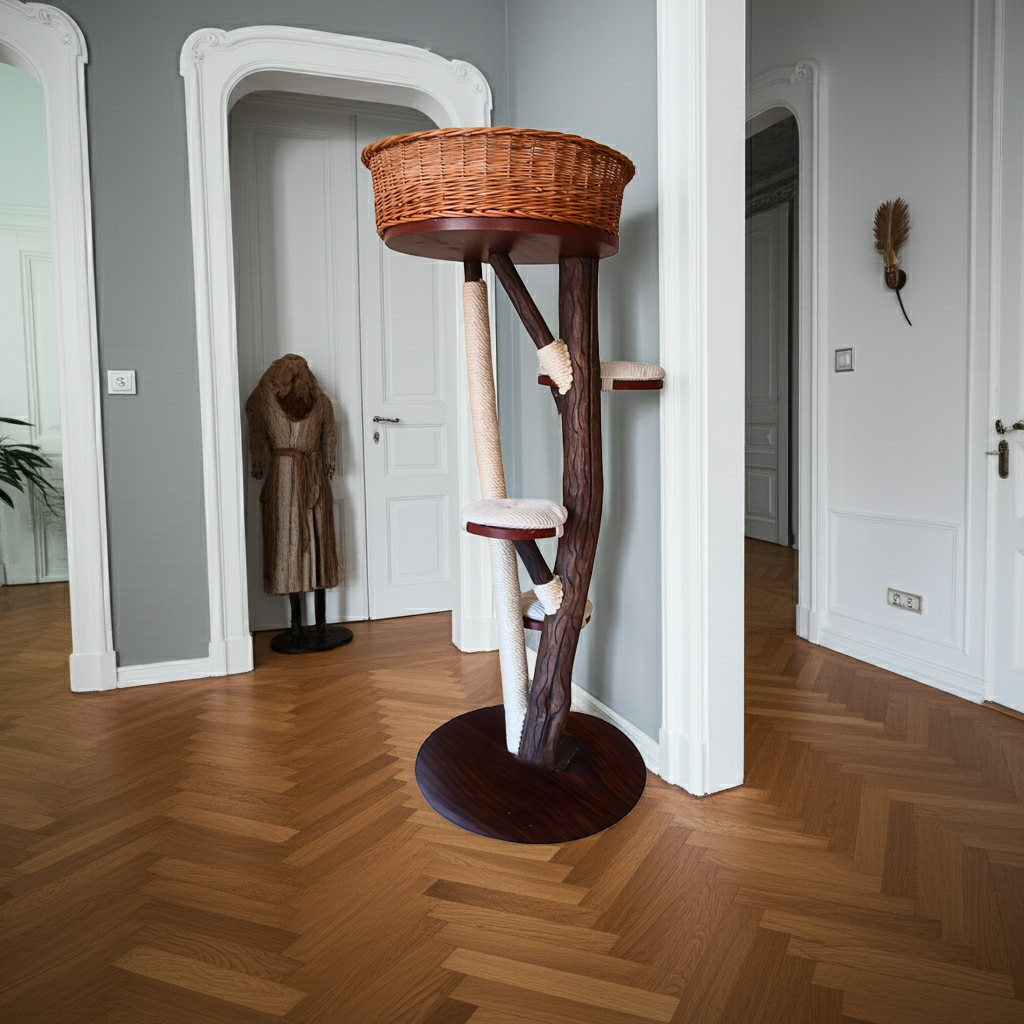 Tiragraffi in tronco di faggio con cesta in rattan e cuscini panna